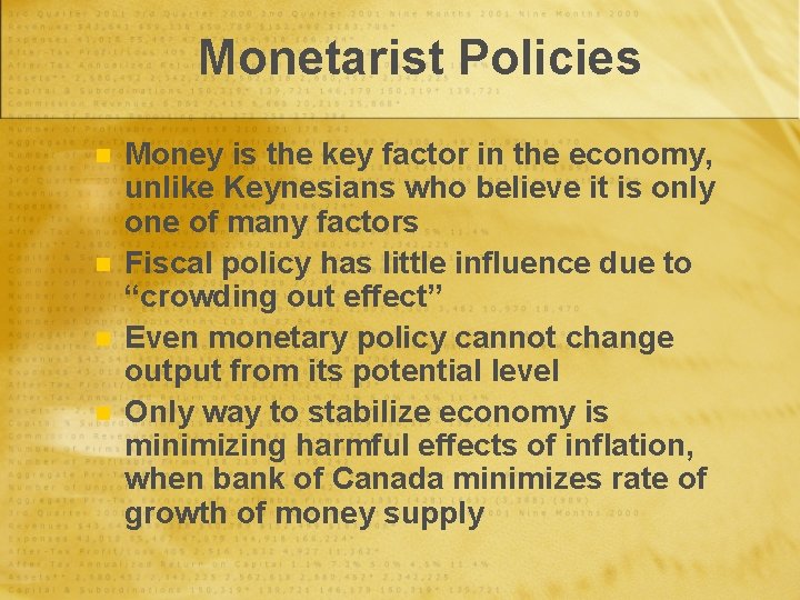 Monetarist Policies n n Money is the key factor in the economy, unlike Keynesians