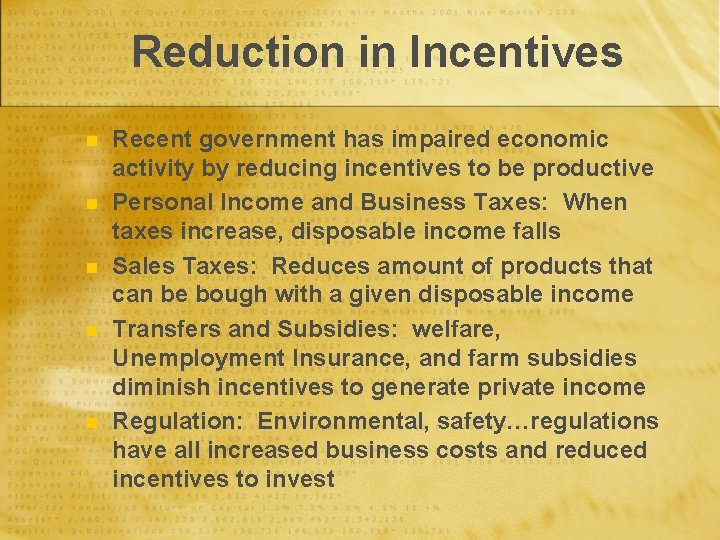 Reduction in Incentives n n n Recent government has impaired economic activity by reducing