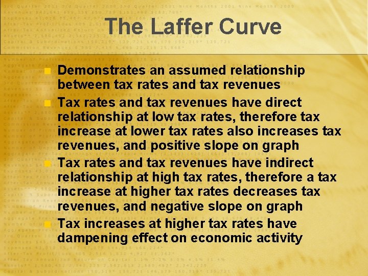The Laffer Curve n n Demonstrates an assumed relationship between tax rates and tax