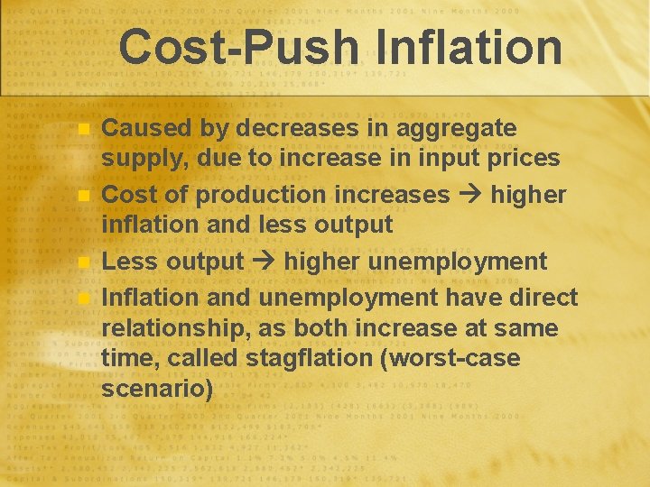 Cost-Push Inflation n n Caused by decreases in aggregate supply, due to increase in
