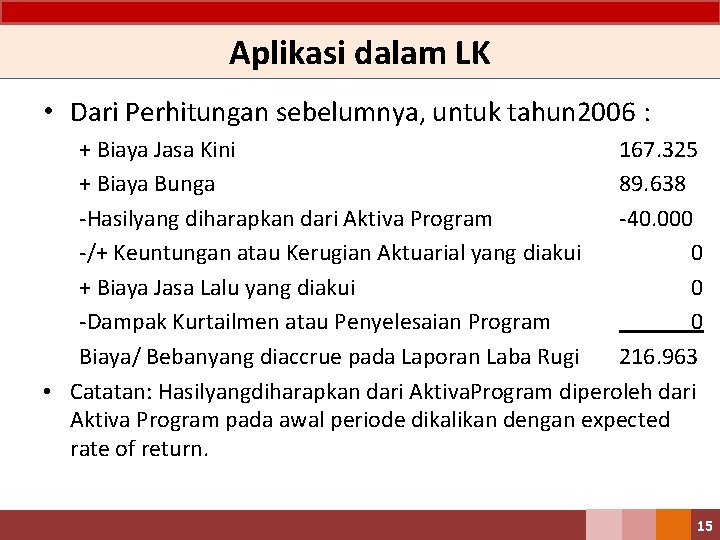 Aplikasi dalam LK • Dari Perhitungan sebelumnya, untuk tahun 2006 : + Biaya Jasa