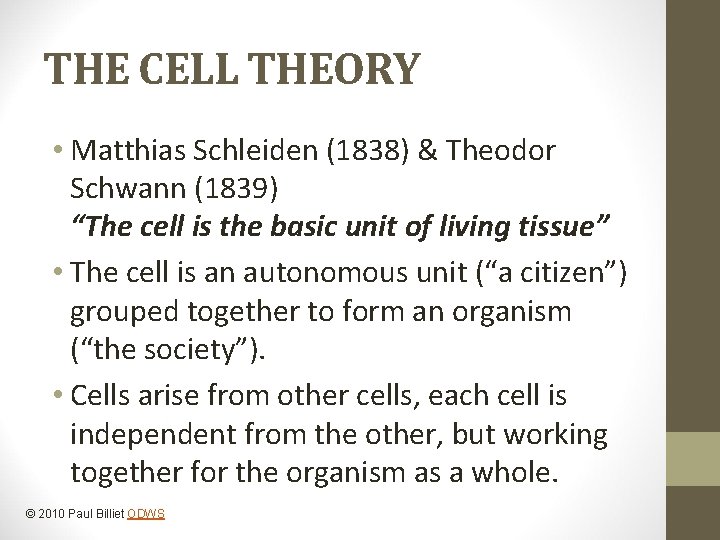 THE CELL THEORY • Matthias Schleiden (1838) & Theodor Schwann (1839) “The cell is