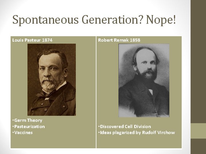 Spontaneous Generation? Nope! Louis Pasteur 1874 Robert Remak 1858 • Germ Theory • Pasteurization