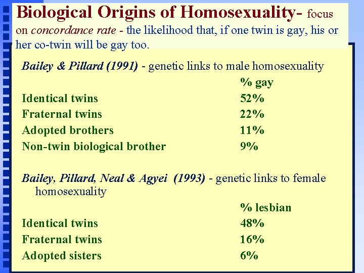 Biological Origins of Homosexuality- focus on concordance rate - the likelihood that, if one