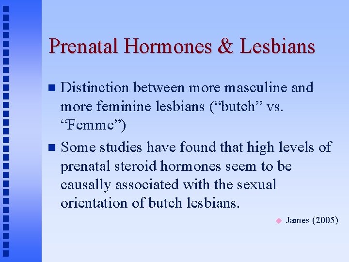 Prenatal Hormones & Lesbians Distinction between more masculine and more feminine lesbians (“butch” vs.