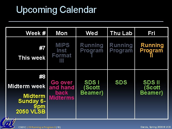 Upcoming Calendar Week # #7 This week Mon Wed Thu Lab Fri MIPS Inst