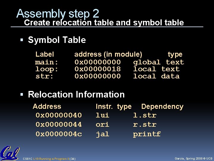 Assembly step 2 Create relocation table and symbol table Symbol Table Label main: loop: