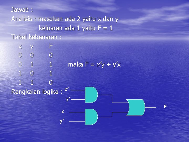 Jawab : Analisis : masukan ada 2 yaitu x dan y keluaran ada 1