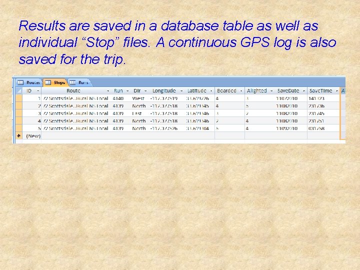 Results are saved in a database table as well as individual “Stop” files. A