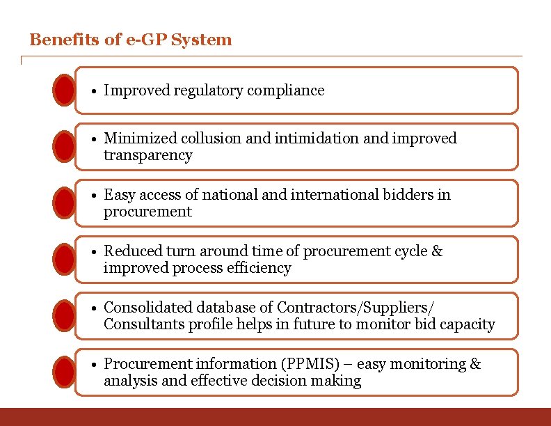 Benefits of e-GP System • Improved regulatory compliance • Minimized collusion and intimidation and