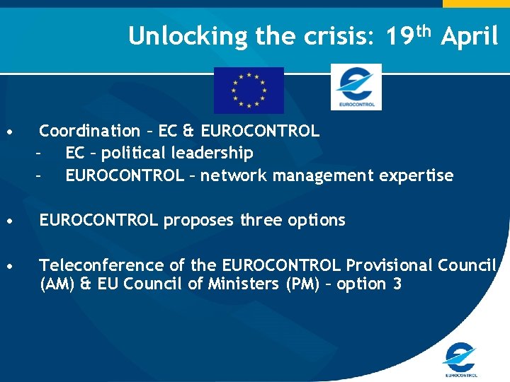 Unlocking the crisis: 19 th April • Coordination – EC & EUROCONTROL – EC