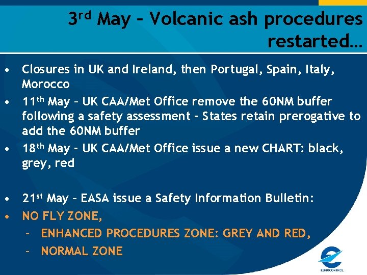 3 rd May – Volcanic ash procedures restarted… • Closures in UK and Ireland,