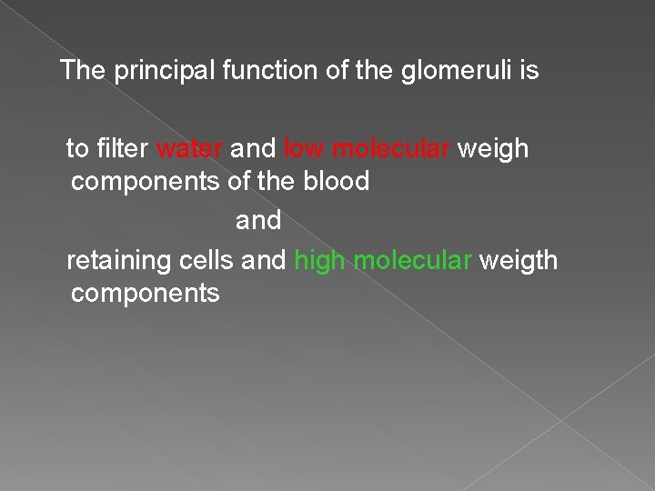 The principal function of the glomeruli is to filter water and low molecular weigh