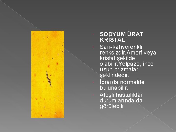 SODYUM ÜRAT KRİSTALİ Sarı-kahverenkli renksizdir. Amorf veya kristal şekilde olabilir. Yelpaze, ince uzun prizmalar