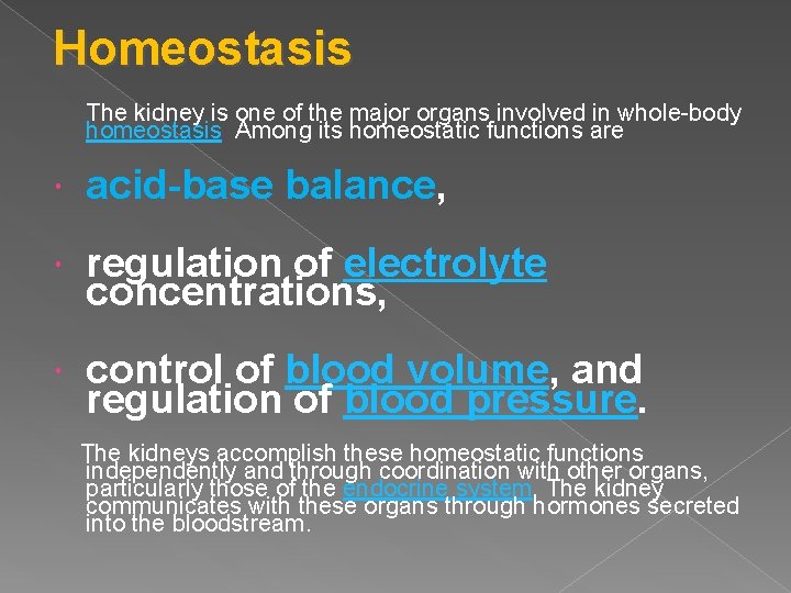 Homeostasis The kidney is one of the major organs involved in whole-body homeostasis. Among