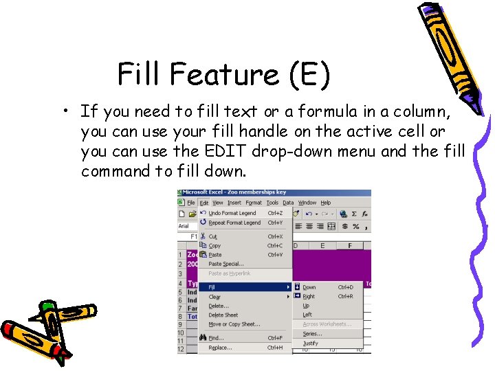 Fill Feature (E) • If you need to fill text or a formula in