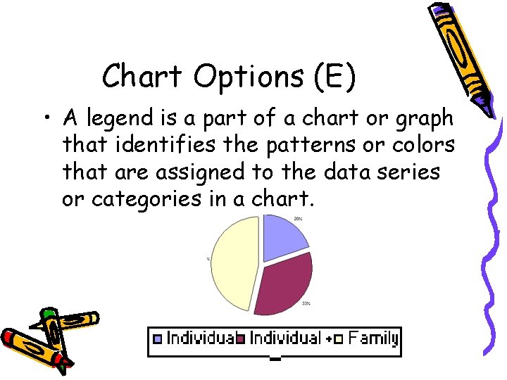Chart Options (E) • A legend is a part of a chart or graph
