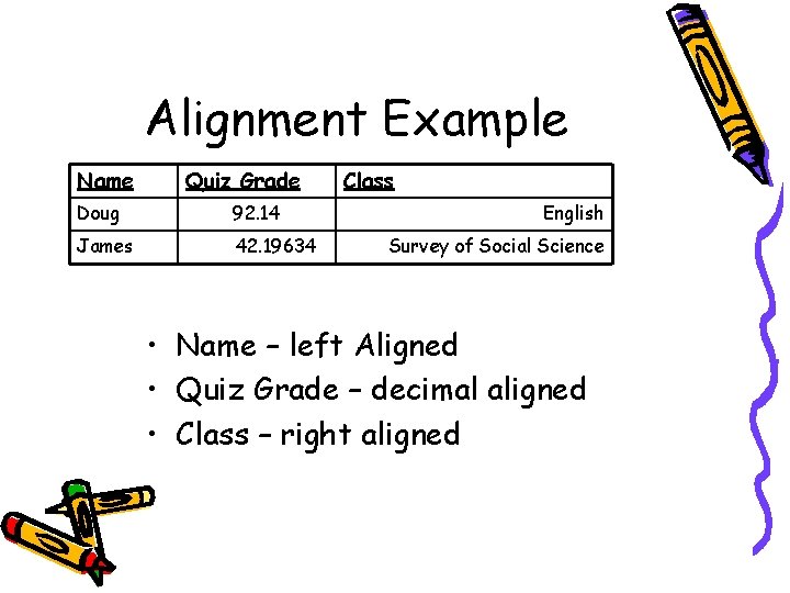 Alignment Example Name Quiz Grade Doug 92. 14 James 42. 19634 Class English Survey