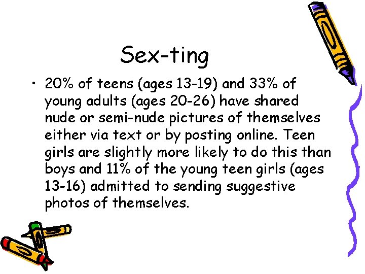 Sex-ting • 20% of teens (ages 13 -19) and 33% of young adults (ages