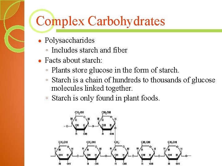 Complex Carbohydrates Polysaccharides ◦ Includes starch and fiber ● Facts about starch: ◦ Plants