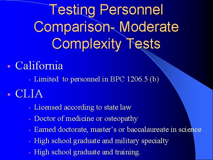 Testing Personnel Comparison- Moderate Complexity Tests • California • • Limited to personnel in