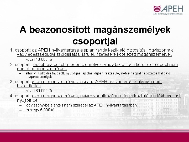 A beazonosított magánszemélyek csoportjai 1. csoport: az APEH nyilvántartása alapján rendelkezik élő biztosítási jogviszonnyal,