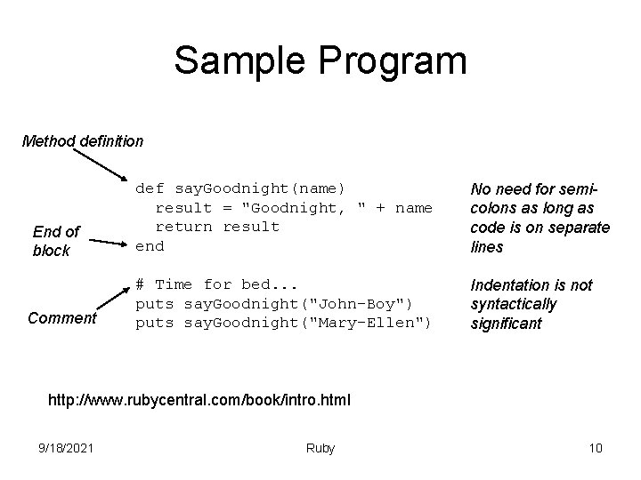 Sample Program Method definition End of block Comment def say. Goodnight(name) result = "Goodnight,