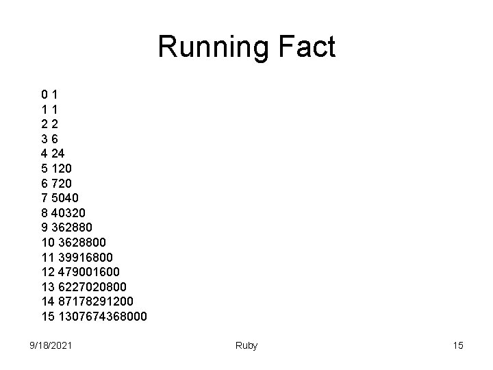 Running Fact 01 11 22 36 4 24 5 120 6 720 7 5040