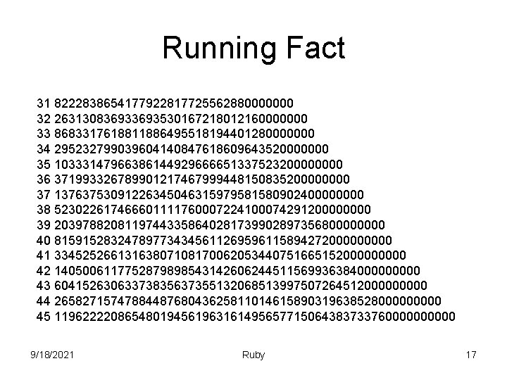 Running Fact 31 8222838654177922817725562880000000 32 26313083693530167218012160000000 33 8683317618811886495518194401280000000 34 295232799039604140847618609643520000000 35 1033314796638614492966665133752320000 36 37199332678990121746799944815083520000