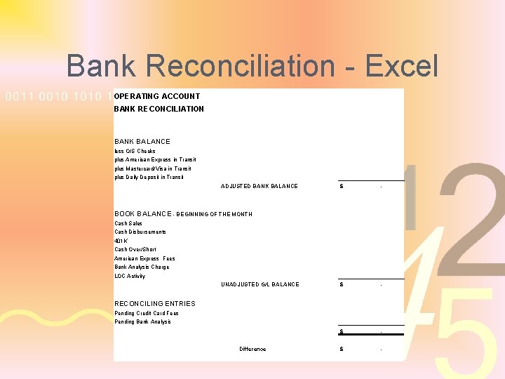 Bank Reconciliation - Excel OPERATING ACCOUNT BANK RECONCILIATION BANK BALANCE less O/S Checks plus