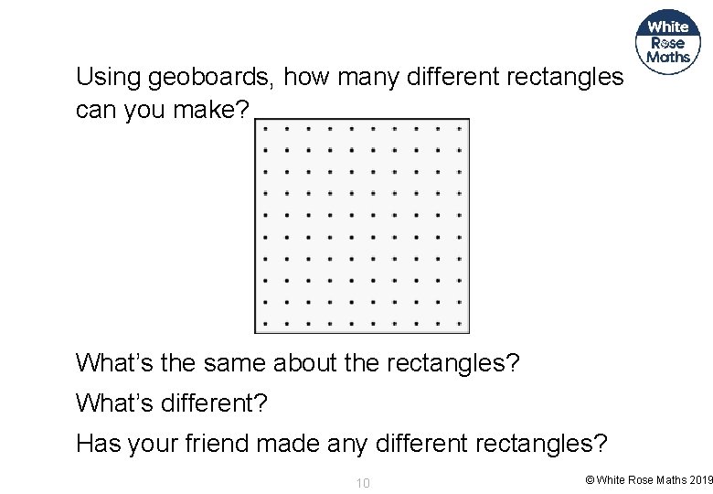 Using geoboards, how many different rectangles can you make? What’s the same about the
