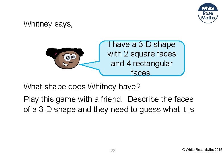 Whitney says, I have a 3 -D shape with 2 square faces and 4