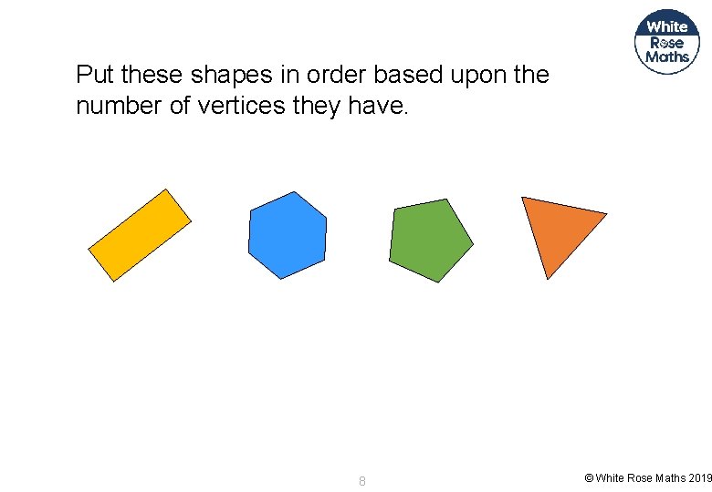 Put these shapes in order based upon the number of vertices they have. 8