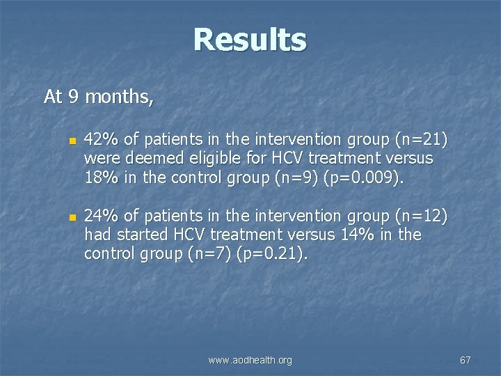 Results At 9 months, n n 42% of patients in the intervention group (n=21)