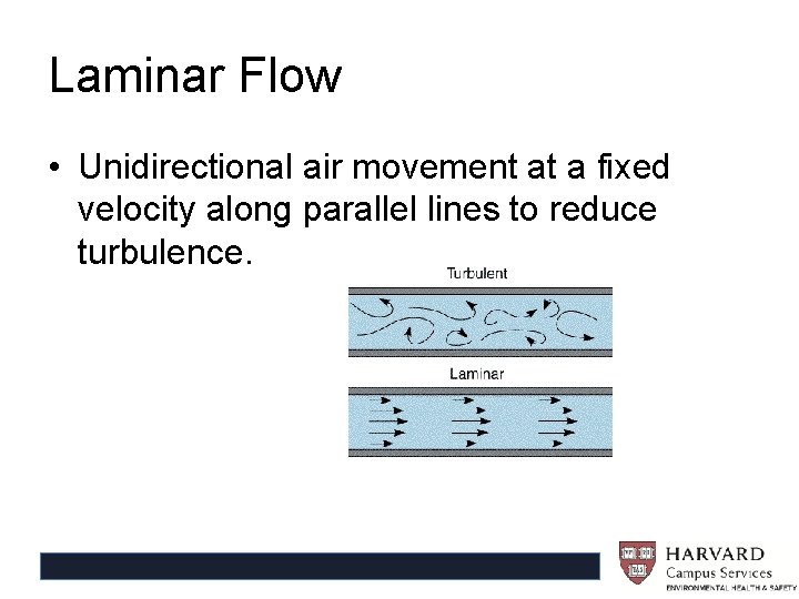 Laminar Flow • Unidirectional air movement at a fixed velocity along parallel lines to