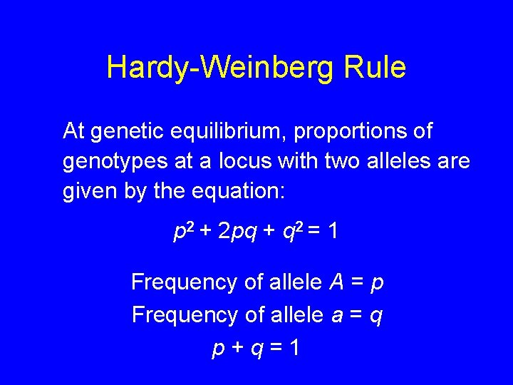 Hardy-Weinberg Rule At genetic equilibrium, proportions of genotypes at a locus with two alleles