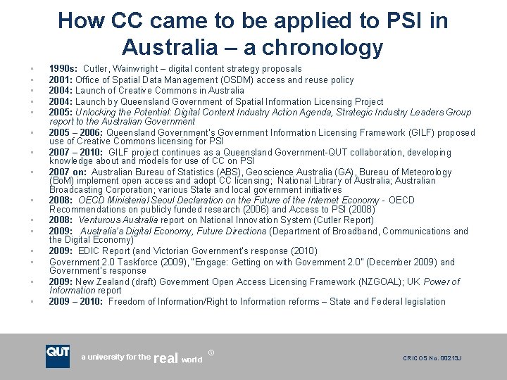 How CC came to be applied to PSI in Australia – a chronology •