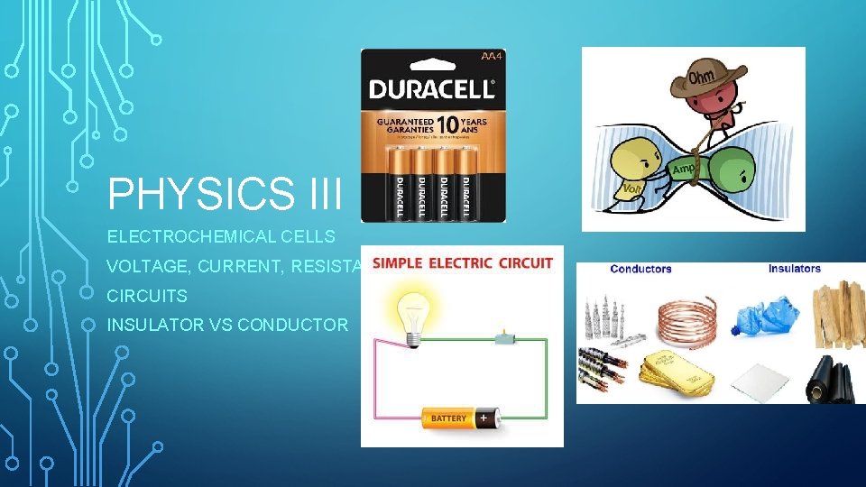 PHYSICS III ELECTROCHEMICAL CELLS VOLTAGE, CURRENT, RESISTANCE CIRCUITS INSULATOR VS CONDUCTOR 