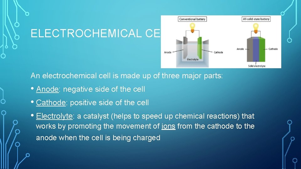 ELECTROCHEMICAL CELL An electrochemical cell is made up of three major parts: • Anode: