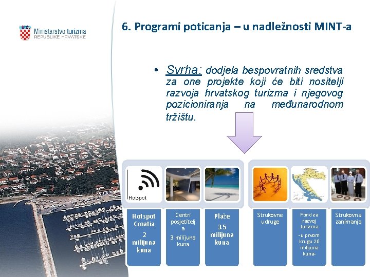 6. Programi poticanja – u nadležnosti MINT-a • Svrha: dodjela bespovratnih sredstva za one