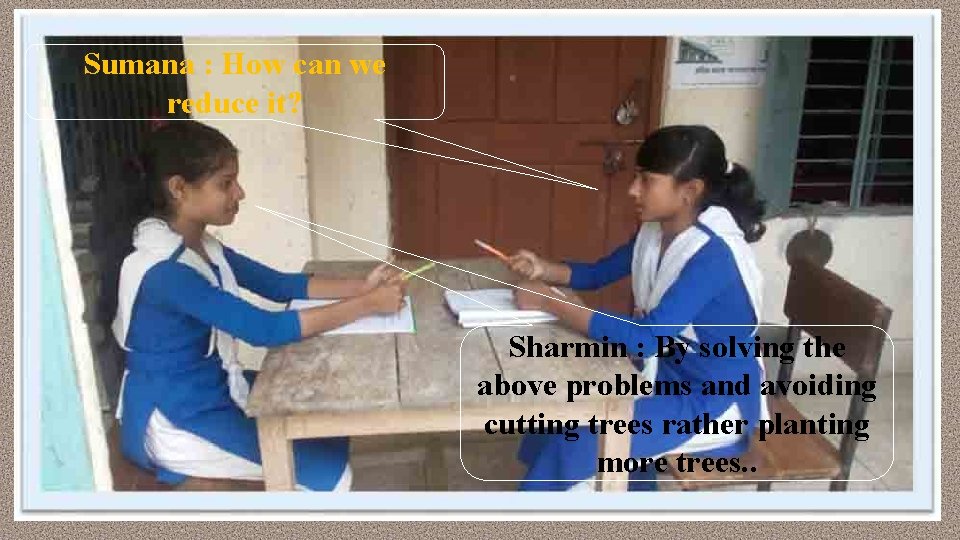 Sumana : How can we reduce it? Sharmin : By solving the above problems