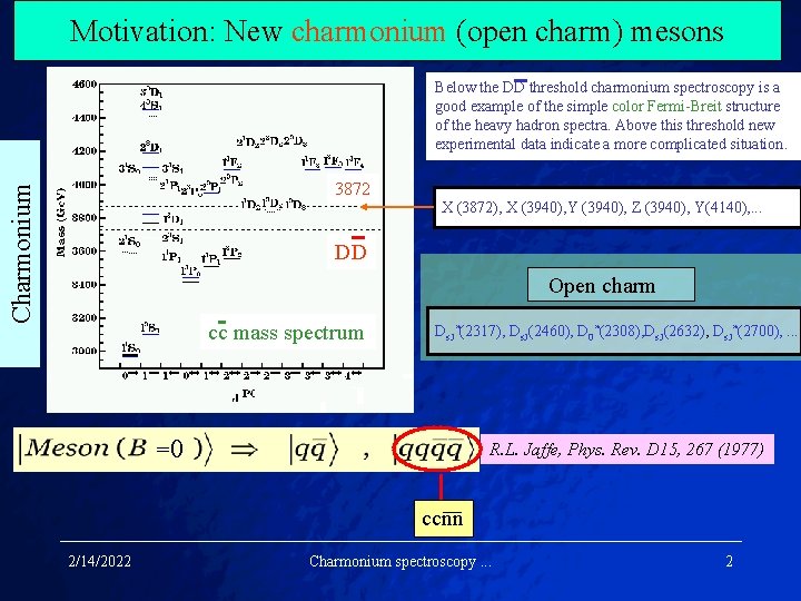 Motivation: New charmonium (open charm) mesons Below the DD threshold charmonium spectroscopy is a
