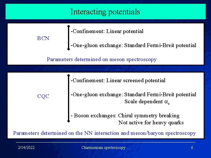 Interacting potentials -Confinement: Linear potential BCN -One-gluon exchange: Standard Fermi-Breit potential Parameters determined on