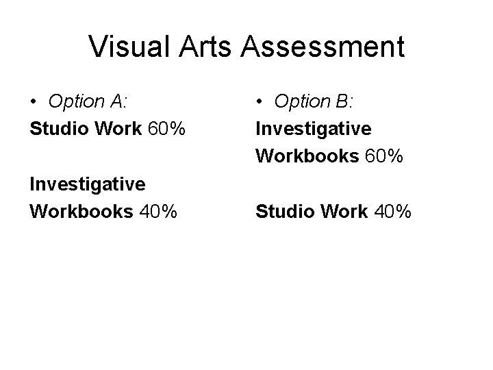 Visual Arts Assessment • Option A: Studio Work 60% Investigative Workbooks 40% • Option