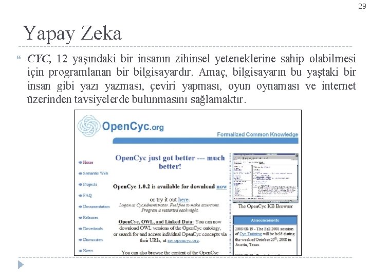 29 Yapay Zeka CYC, 12 yaşındaki bir insanın zihinsel yeteneklerine sahip olabilmesi için programlanan