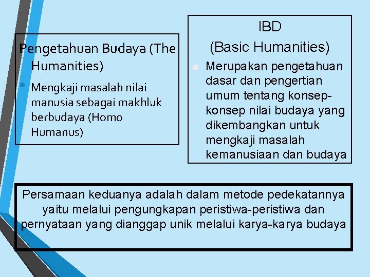 Pengetahuan Budaya (The Humanities) • Mengkaji masalah nilai manusia sebagai makhluk berbudaya (Homo Humanus)