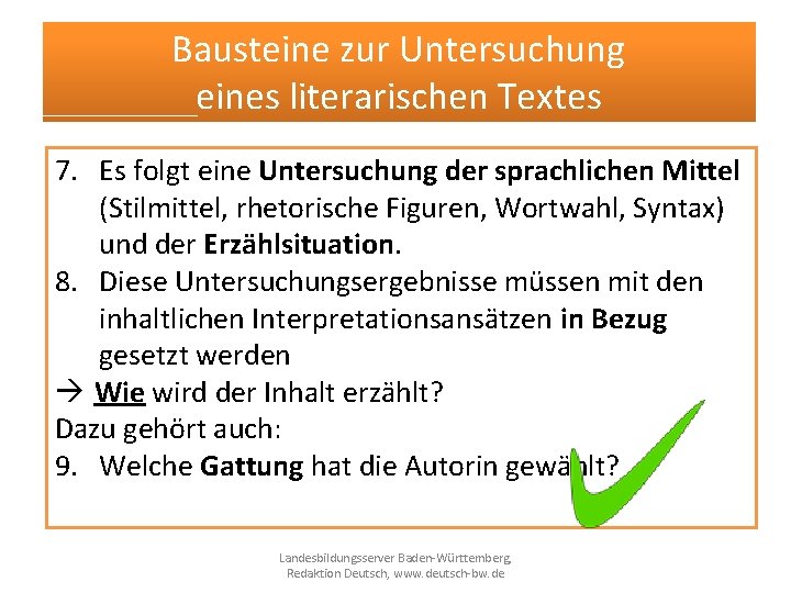 Bausteine zur Untersuchung eines literarischen Textes 1. 7. 2. Titel-Assoziationen Es folgt eine Untersuchung Bausteine zur Untersuchung eines literarischen Textes 1. 7. 2. Titel-Assoziationen Es folgt eine Untersuchung