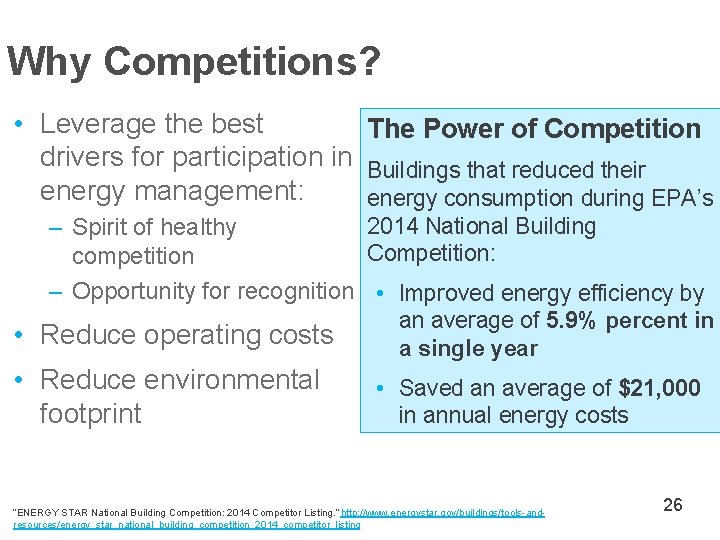 Why Competitions? • Leverage the best The Power of Competition drivers for participation in