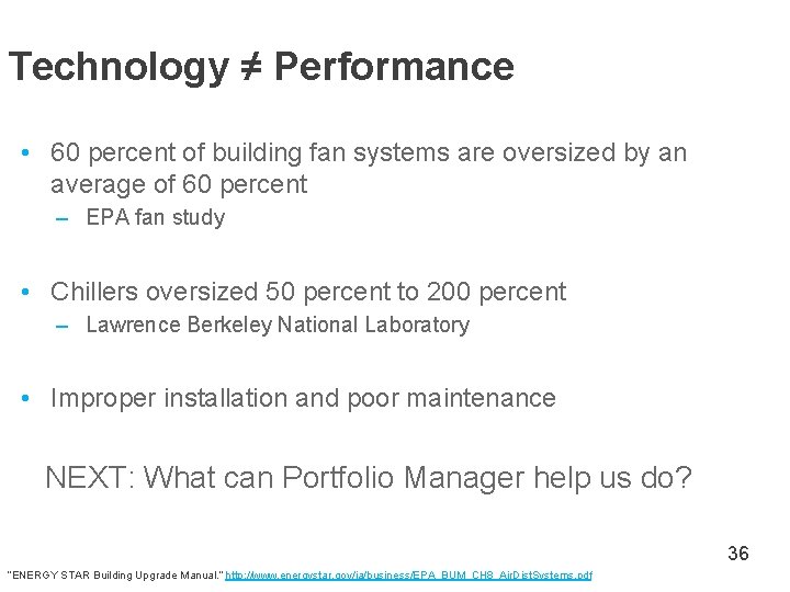 Technology ≠ Performance • 60 percent of building fan systems are oversized by an