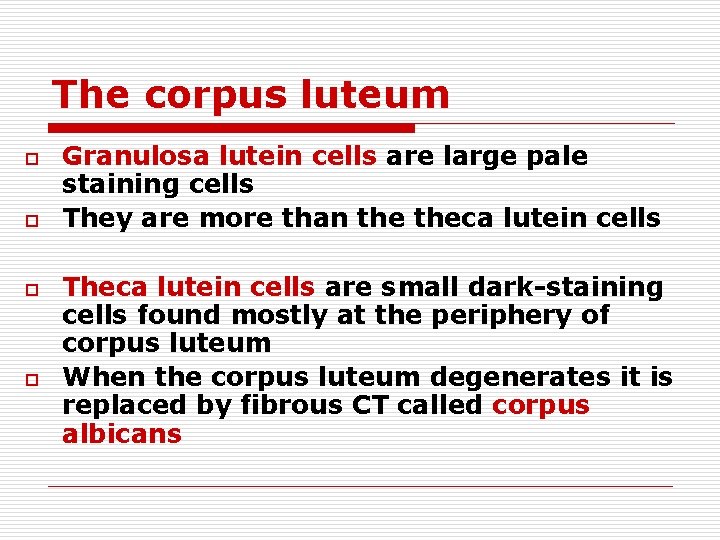 The corpus luteum o o Granulosa lutein cells are large pale staining cells They